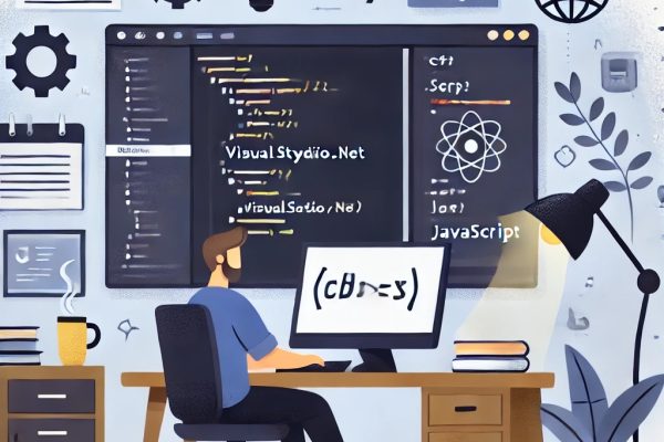DALL·E 2024-09-13 12.48.04 – An illustration of a developer working in an office environment, using Visual Studio .NET on a large screen. The developer is coding with C# and JavaS DALL·E 2024-09-13 12.48.04 - An illustration of a developer working in an office environment, using Visual Studio .NET on a large screen. The developer is coding with C# and JavaS