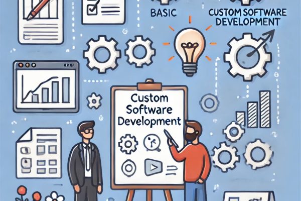 DALL·E 2024-09-13 12.48.07 – An illustration showing a simple concept of custom software development. A developer is discussing with a client, with a whiteboard filled with basic DALL·E 2024-09-13 12.48.07 - An illustration showing a simple concept of custom software development. A developer is discussing with a client, with a whiteboard filled with basic