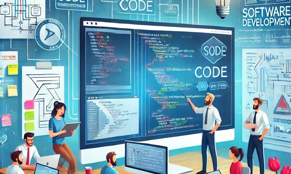 DALL·E 2024-09-13 12.57.02 – An illustration representing software development. A team of developers collaborating around a large screen displaying code, flowcharts, and software DALL·E 2024-09-13 12.57.02 - An illustration representing software development. A team of developers collaborating around a large screen displaying code, flowcharts, and software